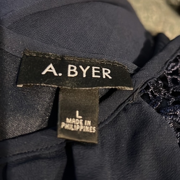 A. Byer Navy Blue Dress with Lace Cap Sleeves - Large - Picture 10 of 12